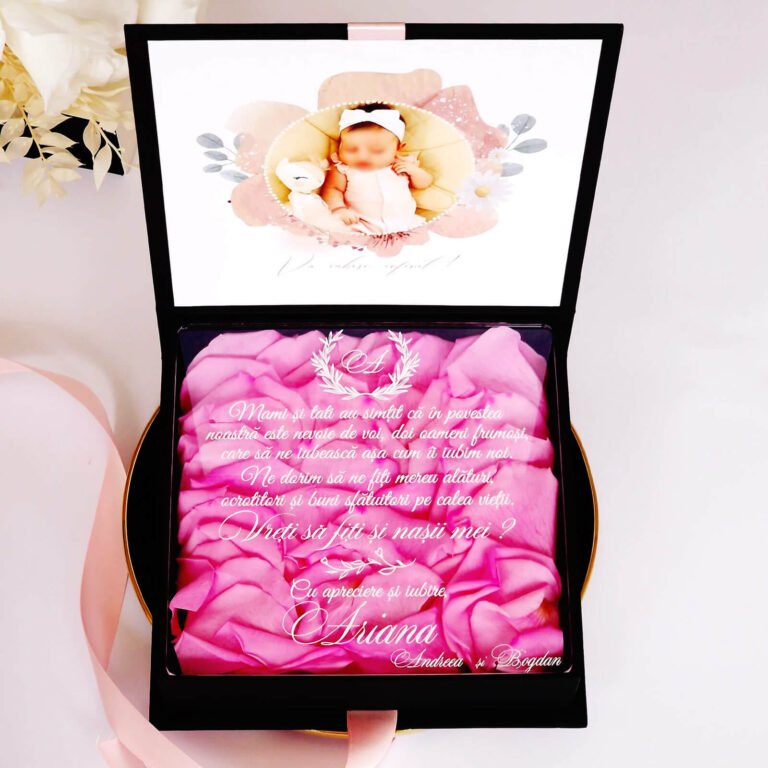 Cutie cerere nasi de botez decorata cu petale de trandafir criogenate
