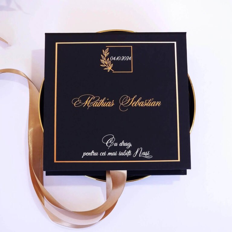 Cutie cerere nasi de botez din colectia Black Couture Velvet, captusita cu catifea neagra premium