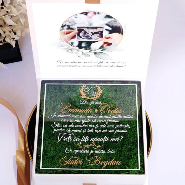 Cutie cerere nasi de botez decorata cu licheni stabilizati