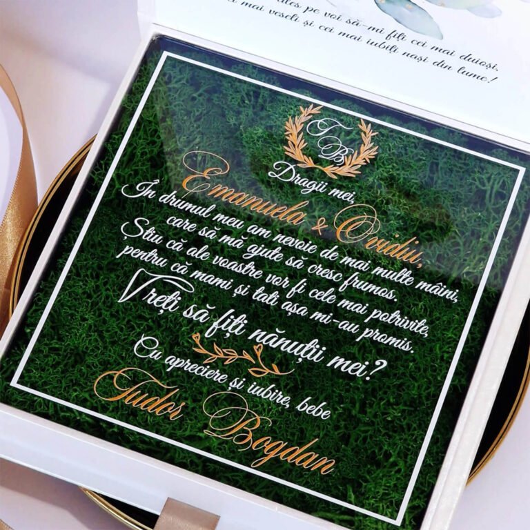 Cutie cerere nasi de botez decorata cu licheni stabilizati