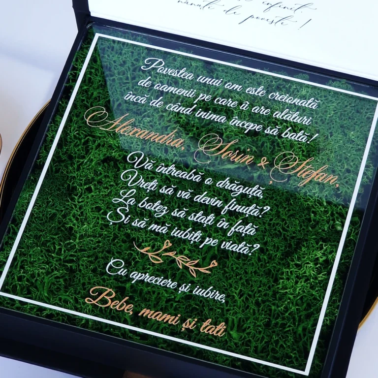 Cutie cerere nasi de botez decorata cu licheni verzi